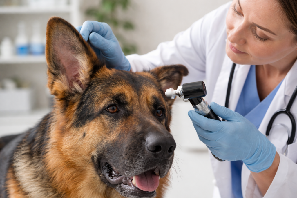 Vet checking German Shepherd ears to treat infection that causes strong ear smell