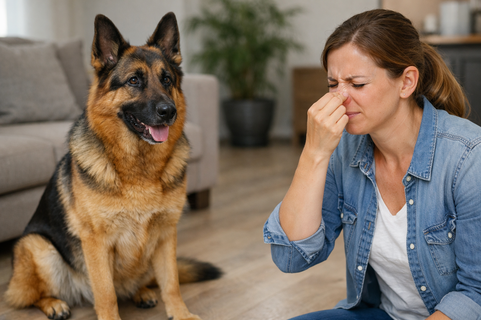 German Shepherd smelling bad indoors, common causes of strong odour in German Shepherd dogs explained