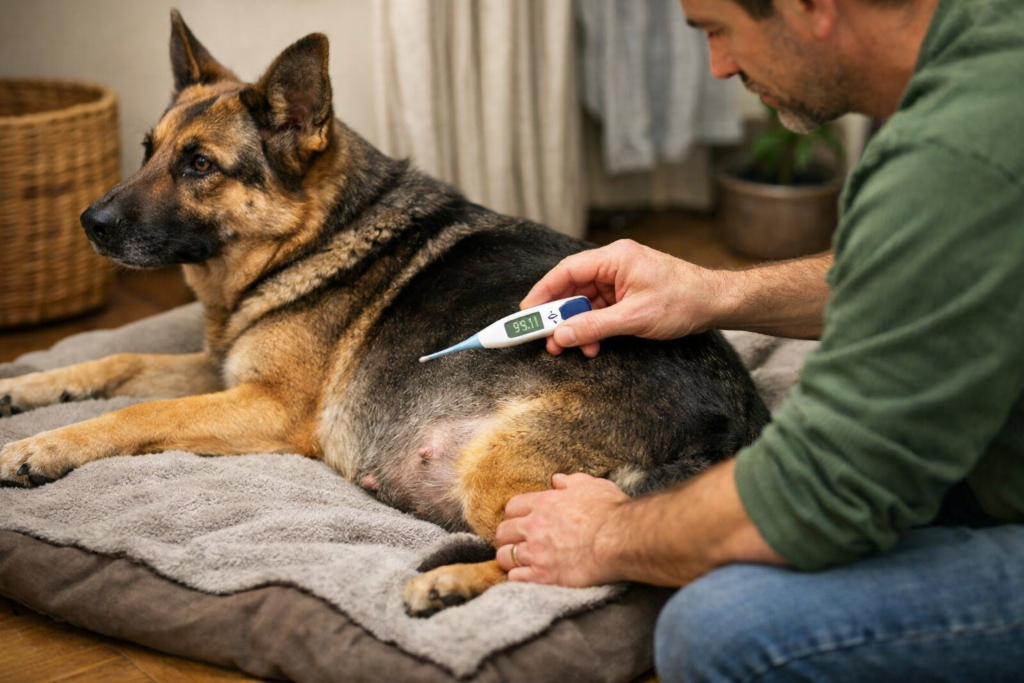 Owner checking German Shepherd temperature to monitor early labor and delivery signs before birth in a safe home environment