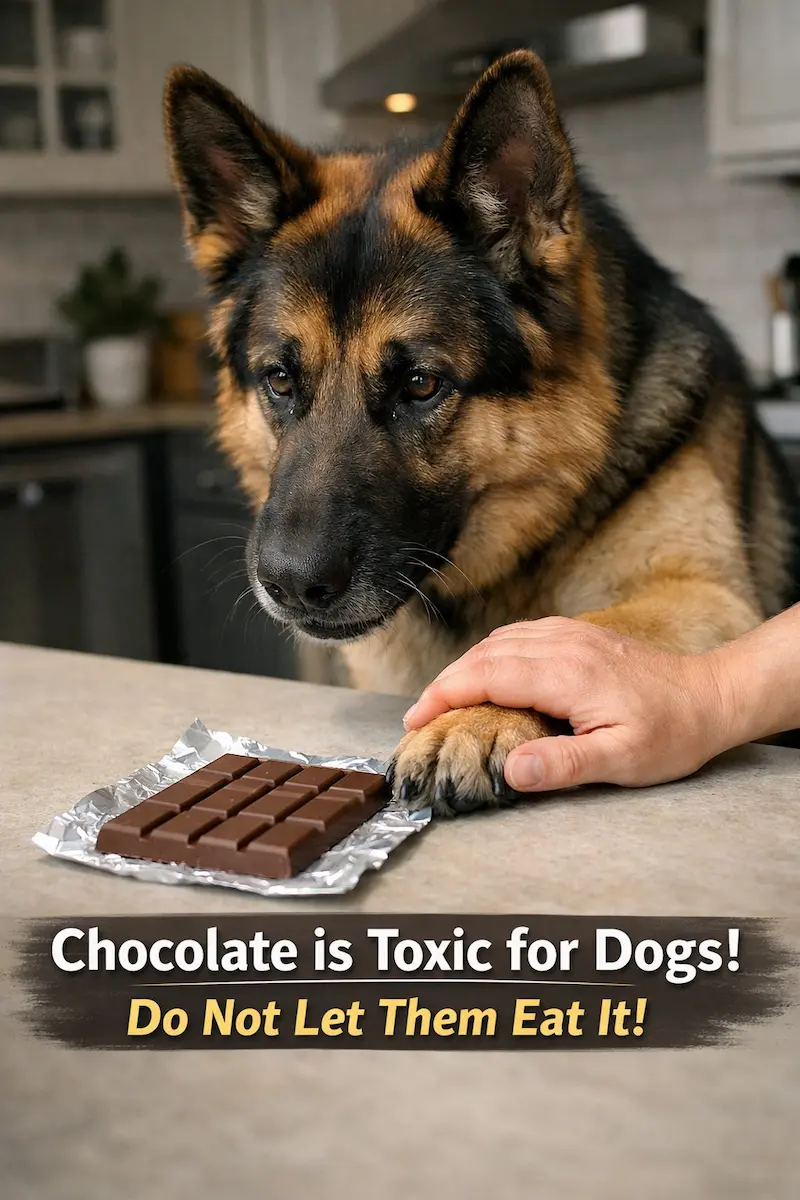 German Shepherd looking at chocolate bar on table while owner stops it, showing why dogs should not eat chocolate and the risks of chocolate poisoning