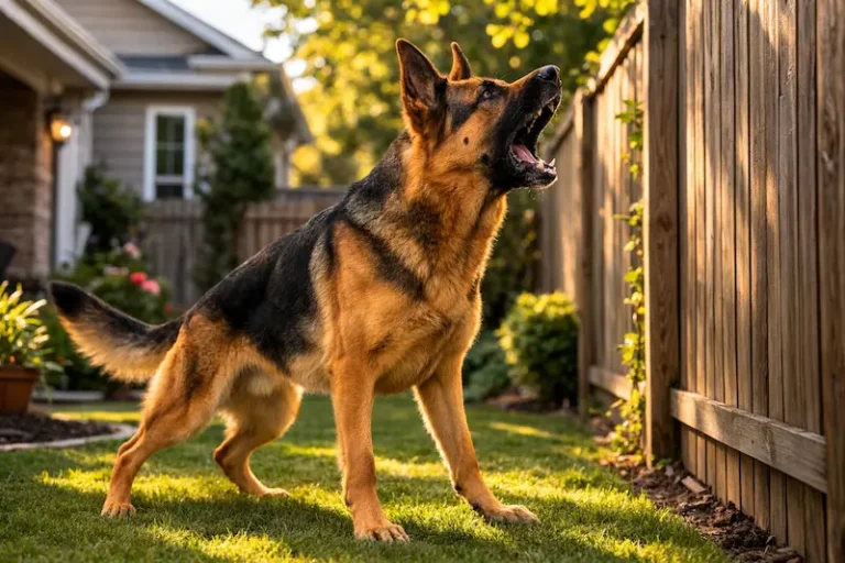 German Shepherd barking loudly in a backyard showing natural guard instinct, explaining why German Shepherds bark a lot