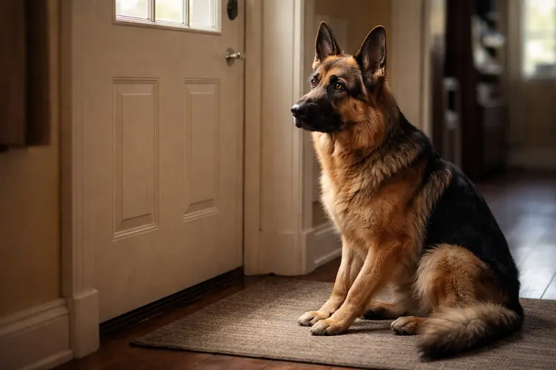 German Shepherd with separation anxiety sitting alone at home, looking stressed near door, common dog anxiety behavior