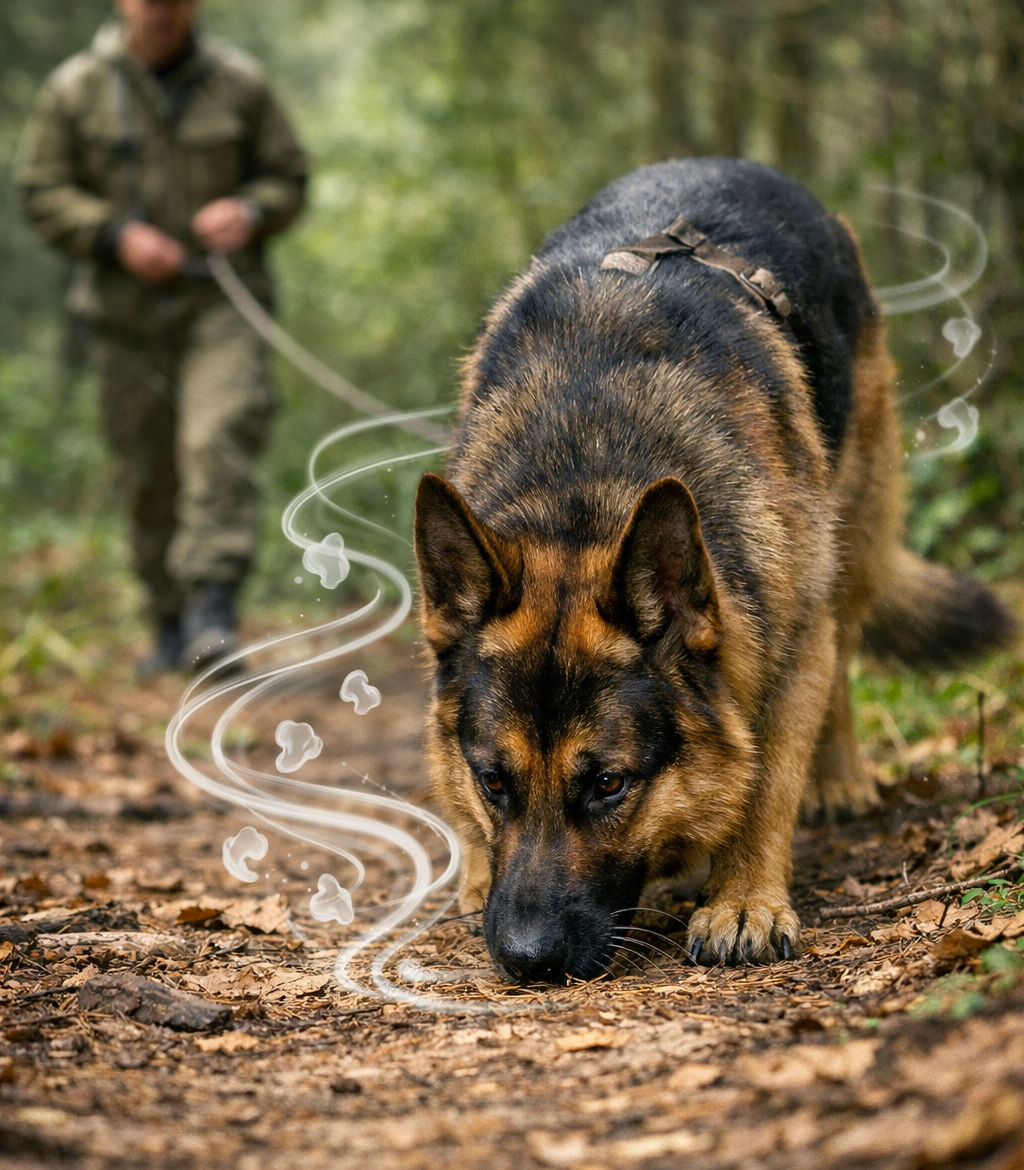 Are German Shepherds Hunting Dogs? A focused German Shepherd tracks scent on a forest trail with handler behind and visible scent trail lines