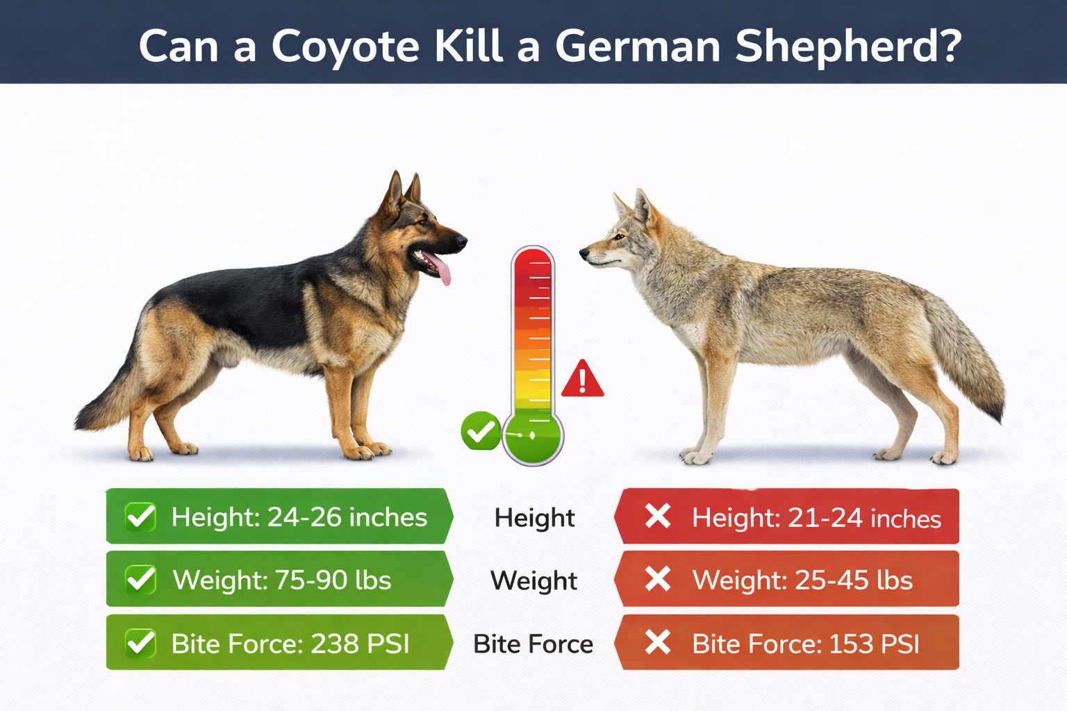 Infographic comparing coyote vs German Shepherd size, weight, and bite force answering can a coyote kill a German Shepherd clearly