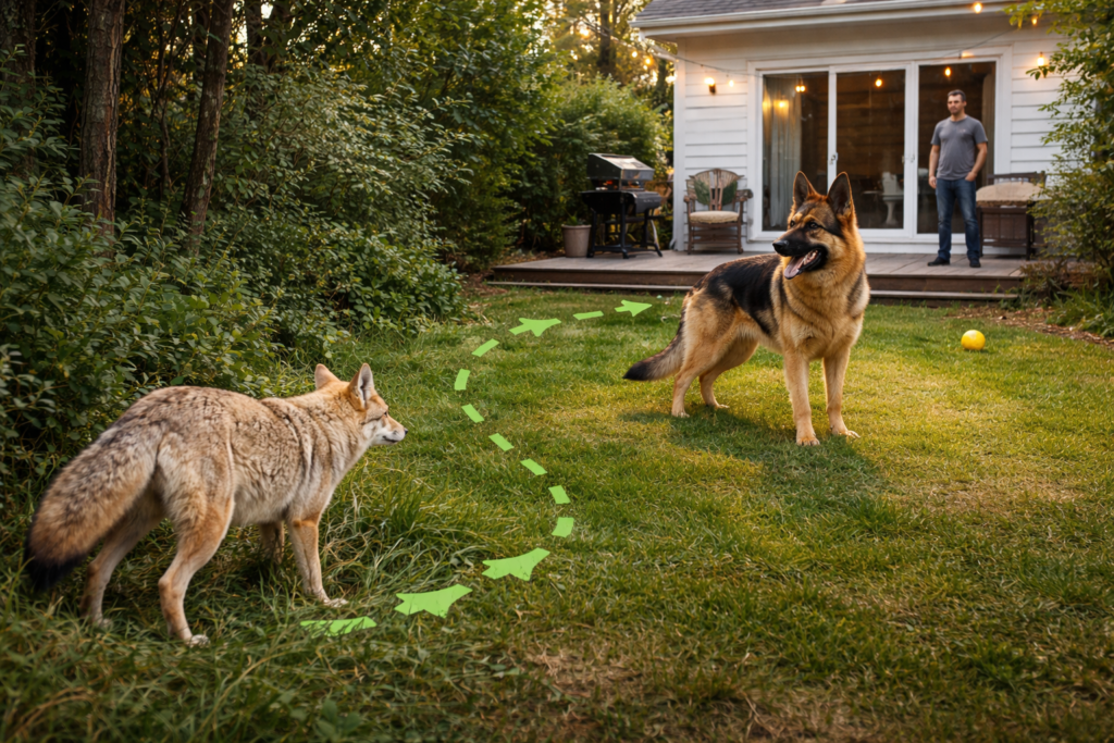 Realistic scene of a coyote approaching a German Shepherd in a yard showing can a single coyote kill a German Shepherd risk scenario

