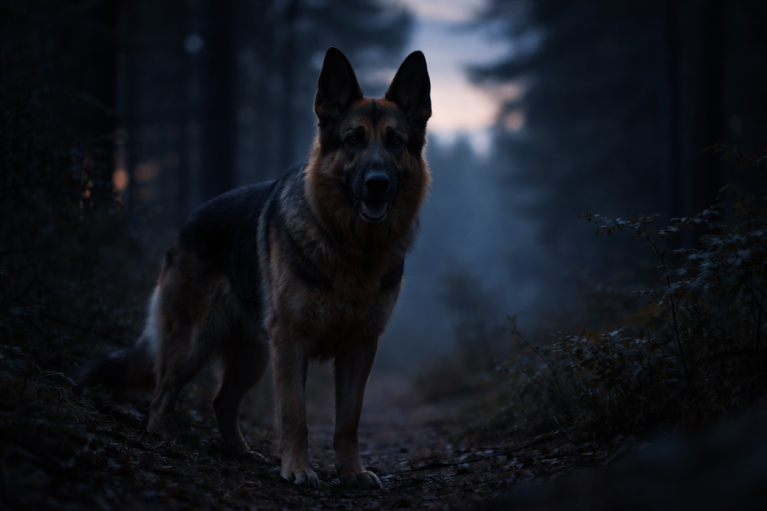 German Shepherd dog in twilight forest, ultra realistic natural environment, professional photography, alert stance in low light