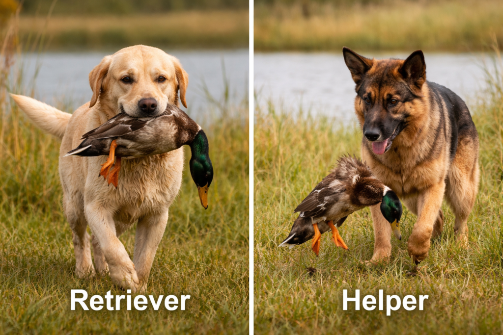 Side by side Labrador retrieving a bird and German Shepherd dropping it, illustrating Can They Retrieve Game behavior difference clearly