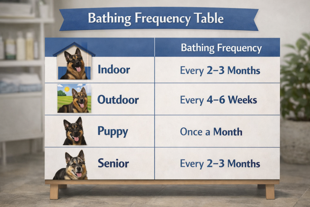 How Often Should German Shepherds Be Bathed? Bathing frequency table showing indoor, outdoor, puppy, and senior dog schedules clearly
