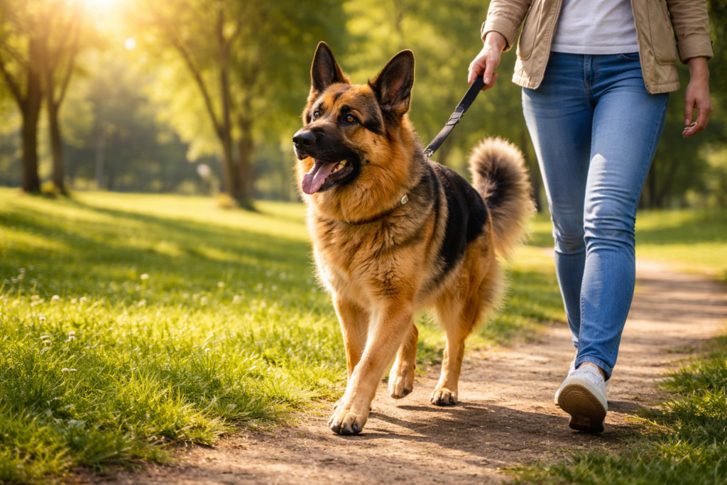 German Shepherd daily exercise routine walk in park helps reduce separation anxiety and improves dog mental health