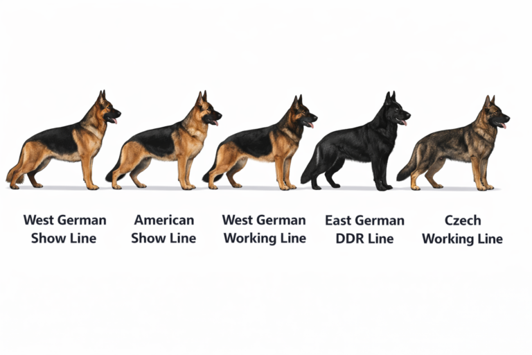 Different types of German Shepherd breeds comparison showing West German, American, Czech and DDR working line dogs side by side.