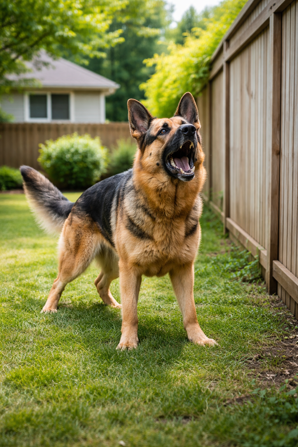 German Shepherd barking loudly in a backyard showing natural guard instinct, explaining why German Shepherds bark a lot