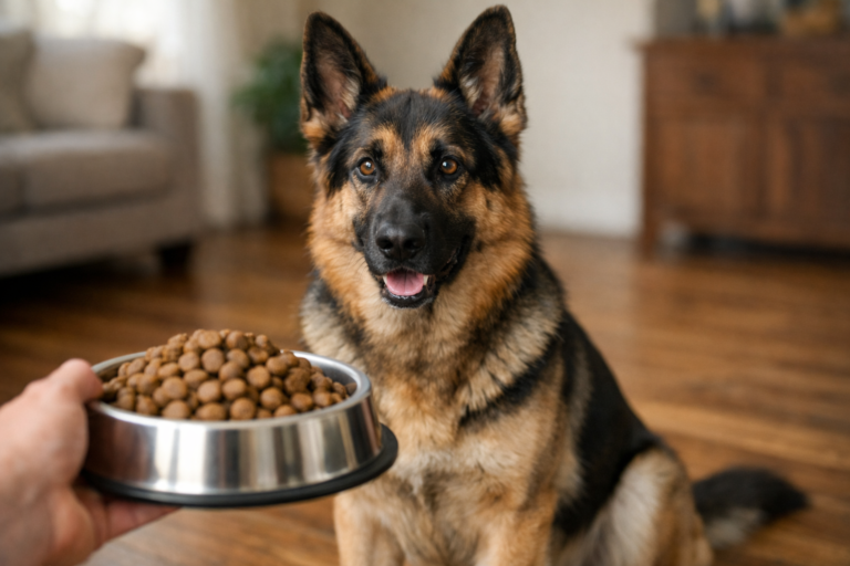 German Shepherd with sensitive stomach sitting near food bowl showing digestive health and diet management concept