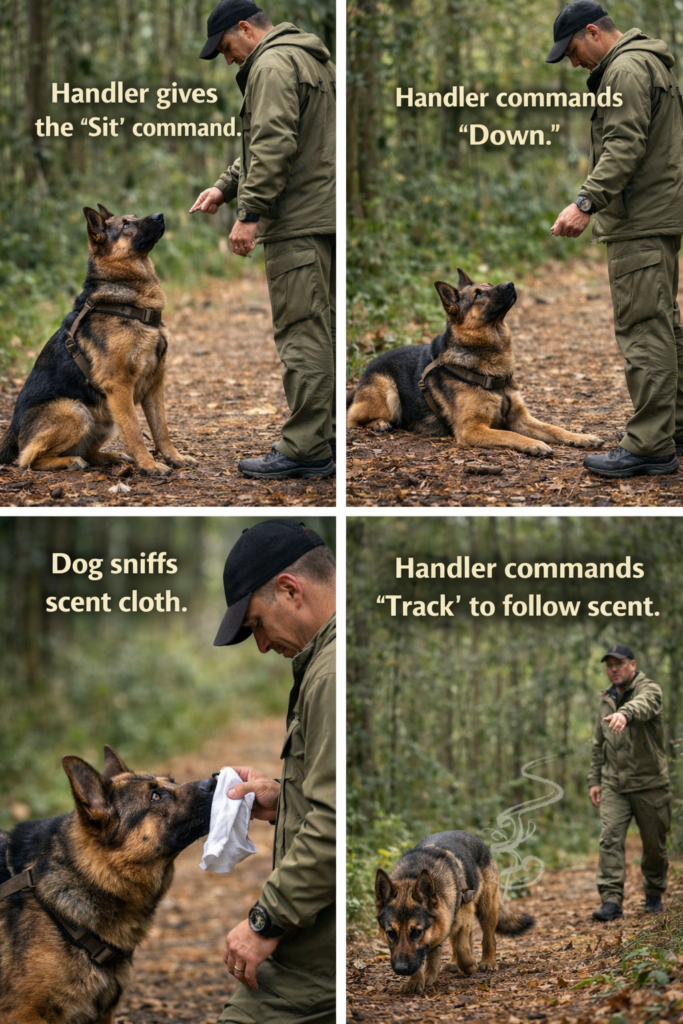 Do German Shepherds need special training to hunt? Step-by-step obedience and scent training with handler guiding dog responses in forest
