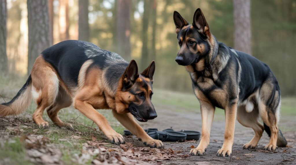 Two German Shepherds tracking scent in the forest, showing their hunting and working dog abilities in action.