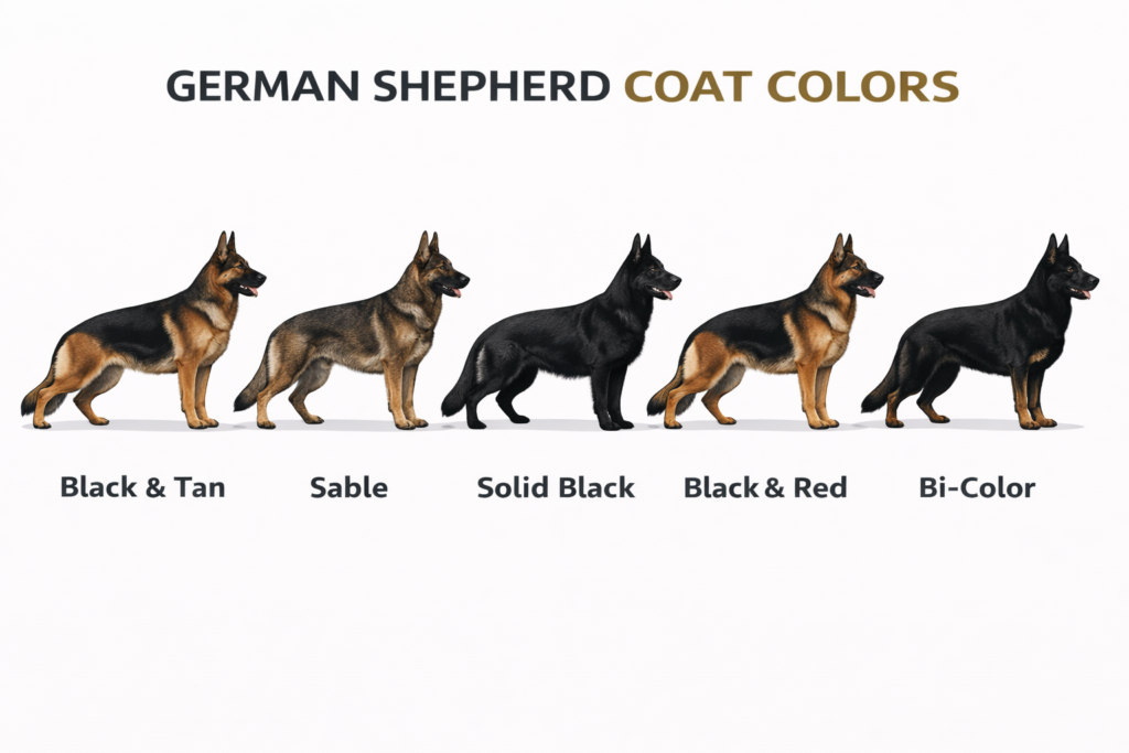 German Shepherd coat color variations including sable black and tan and bi color across different types of German Shepherd breeds.