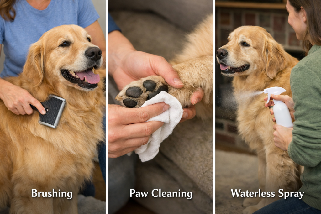 Step-by-step pet grooming strategy showing brushing fur, cleaning paws, and applying waterless spray in a real-world setting
