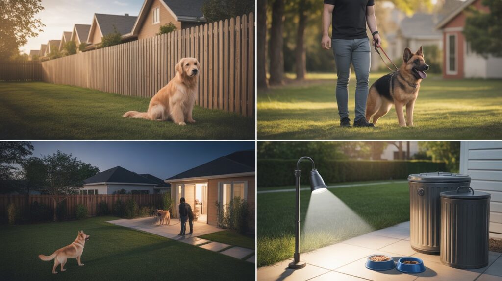 Collage showing yard fencing, leash control, night lighting, and safe feeding tips on how can you protect your dog from coyotes effectively
