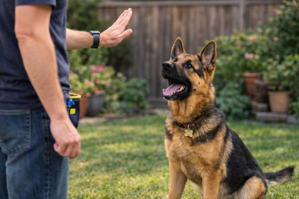 Owner training a German Shepherd dog with quiet command to reduce excessive barking and control German Shepherd barking behavior