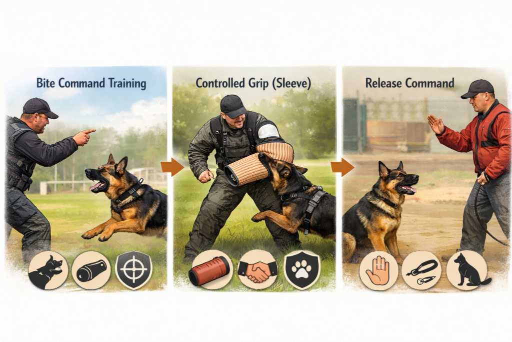 How German Shepherds Are Trained for Bite Work shown in a 3-step visual with bite command, sleeve grip control, and safe release training process
