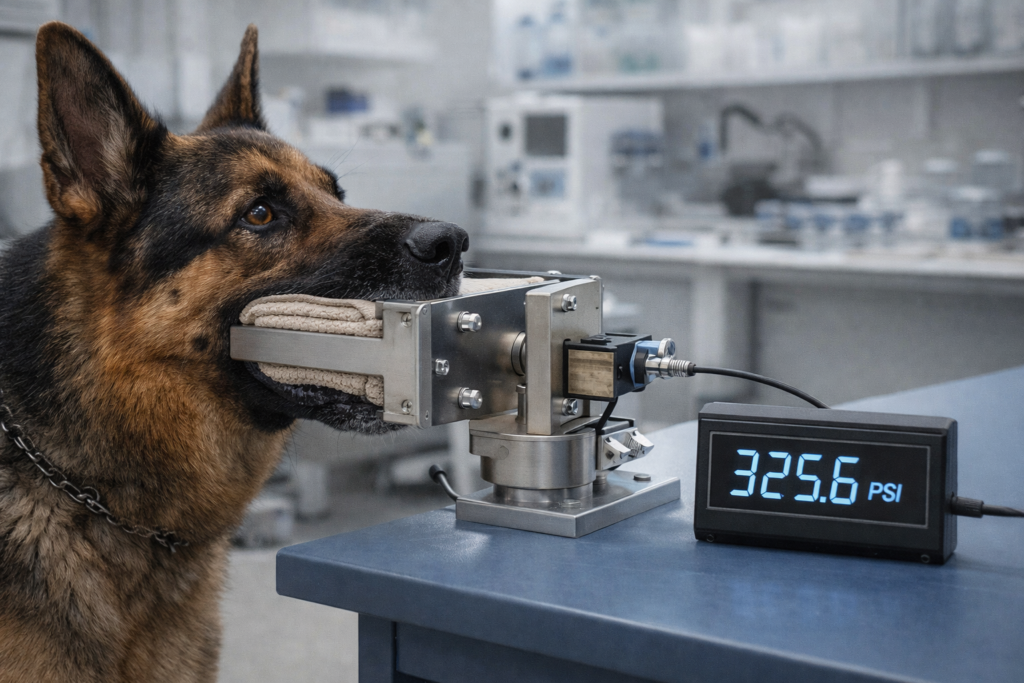 How is bite force measured in PSI? German Shepherd bites pressure sensor in lab setup with digital PSI reading display