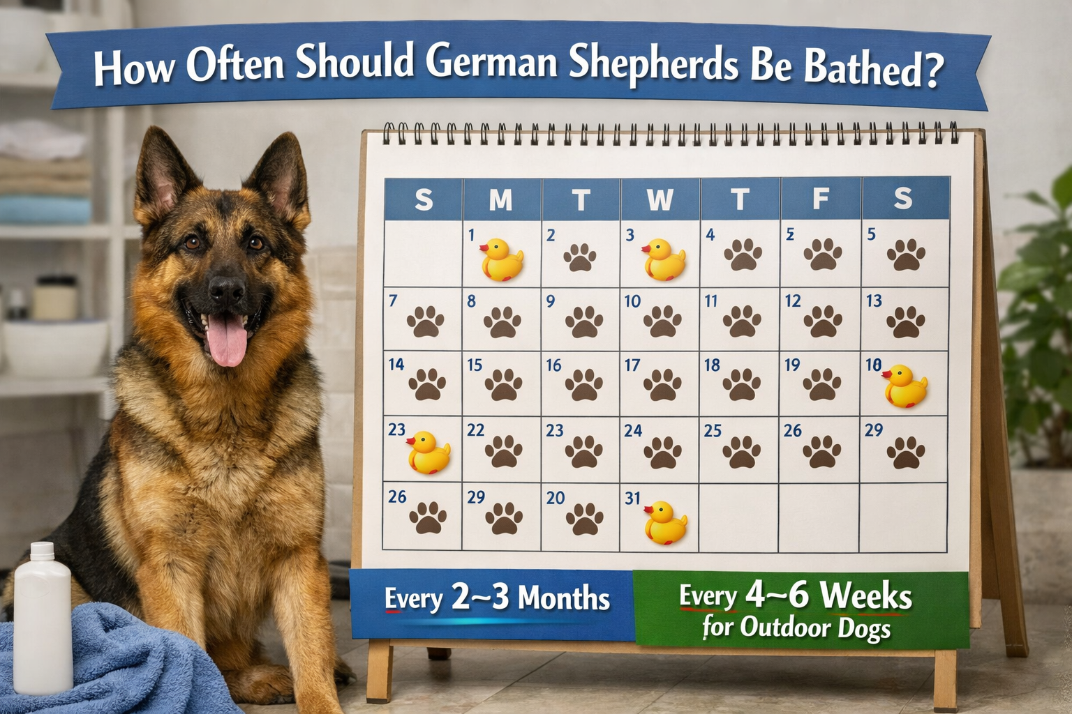 How Often Should German Shepherds Be Bathed? German Shepherd beside calendar showing bath schedule every 2–3 months or 4–6 weeks for outdoor dogs