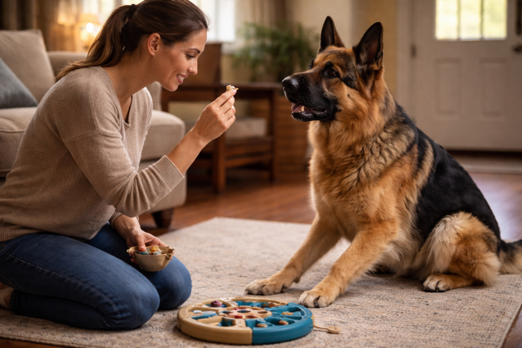 Owner training German Shepherd to reduce separation anxiety using positive reinforcement and toys for mental stimulation