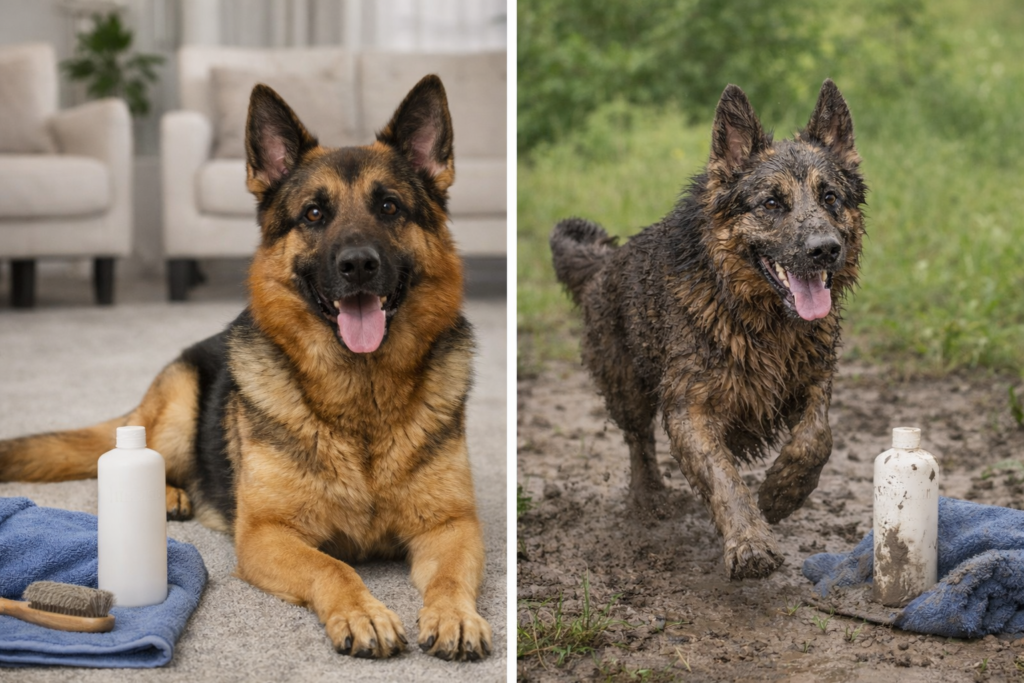 How Often Should German Shepherds Be Bathed? Indoor clean dog vs muddy outdoor dog with bath products showing different grooming needs
