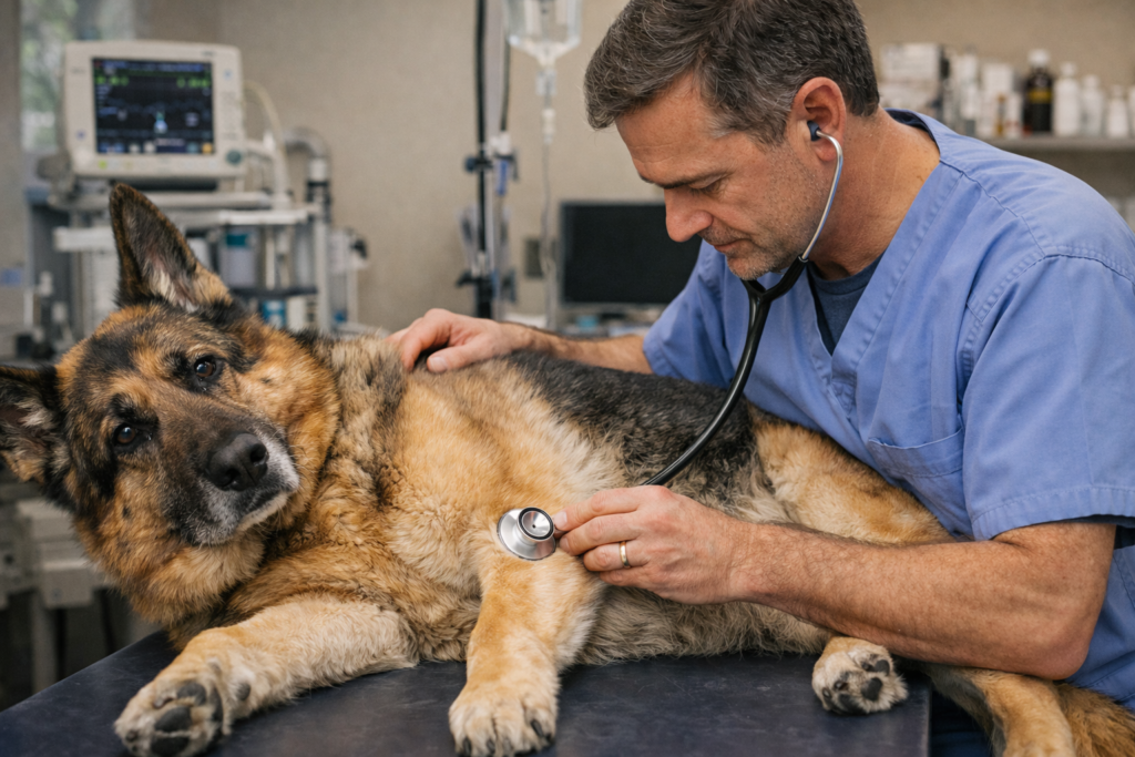 Veterinarian checking senior German Shepherd showing cancer as a major reason behind what do German Shepherds usually die from.