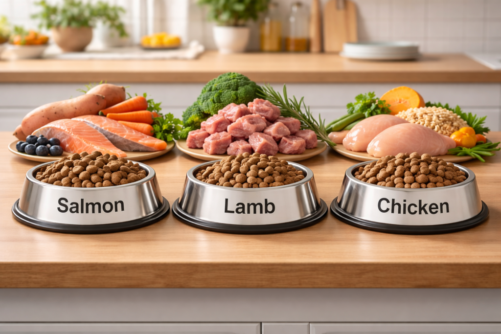 Best protein options for German Shepherd with sensitive stomach including salmon lamb and chicken comparison