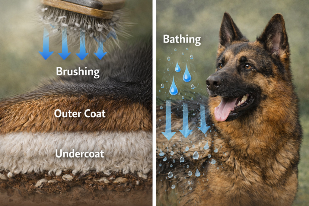 How Often Should German Shepherds Be Bathed? Double coat diagram showing outer coat, undercoat, and brushing vs bathing effects
