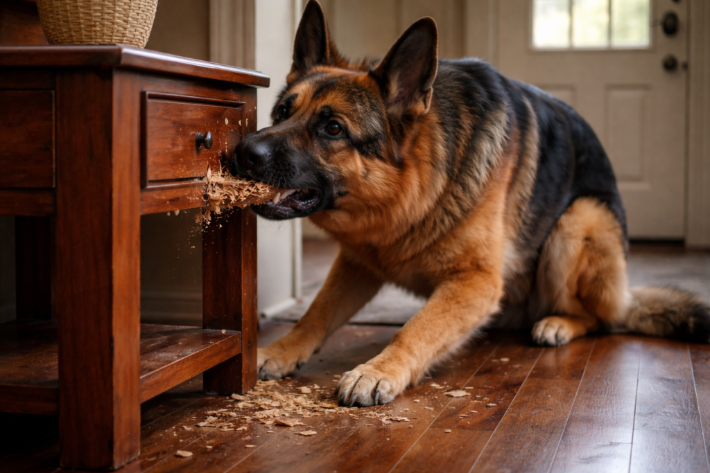 German Shepherd showing separation anxiety symptoms by chewing furniture at home, destructive dog behavior due to stress
