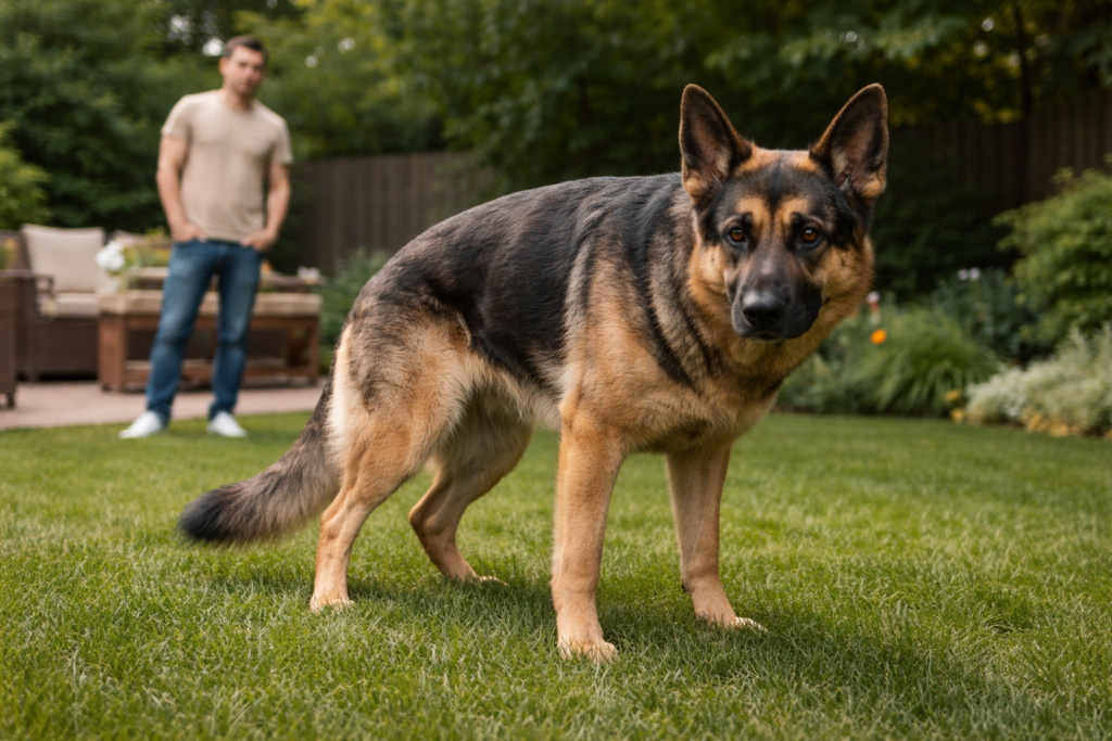German Shepherd with sensitive stomach showing mild digestive discomfort and loose stool symptoms outdoors