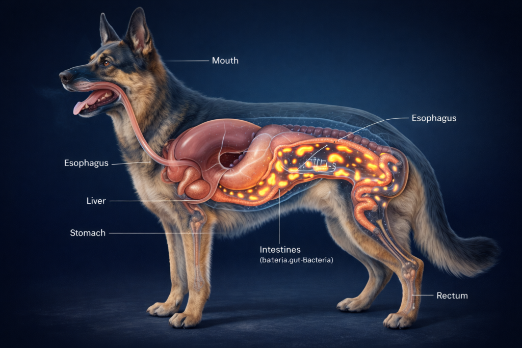 German Shepherd gut microbiome illustration explaining why German Shepherds have sensitive stomachs and digestion issues