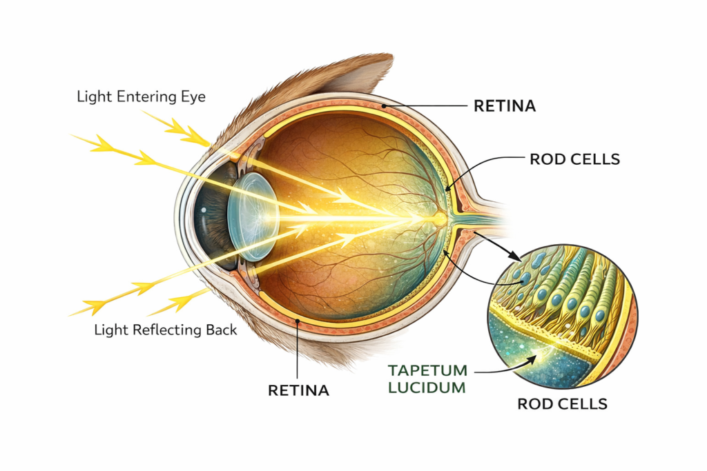 Dog eye tapetum lucidum diagram explaining how dogs see in the dark by reflecting light for better night vision