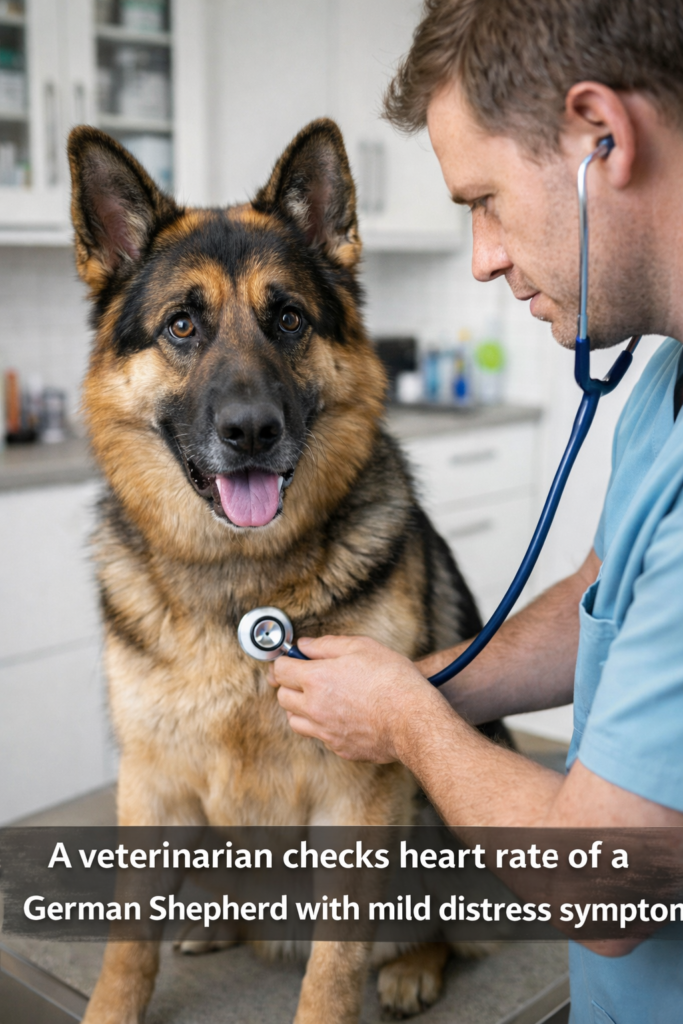 Veterinarian examining German Shepherd showing possible chocolate poisoning symptoms like restlessness and fast heart rate