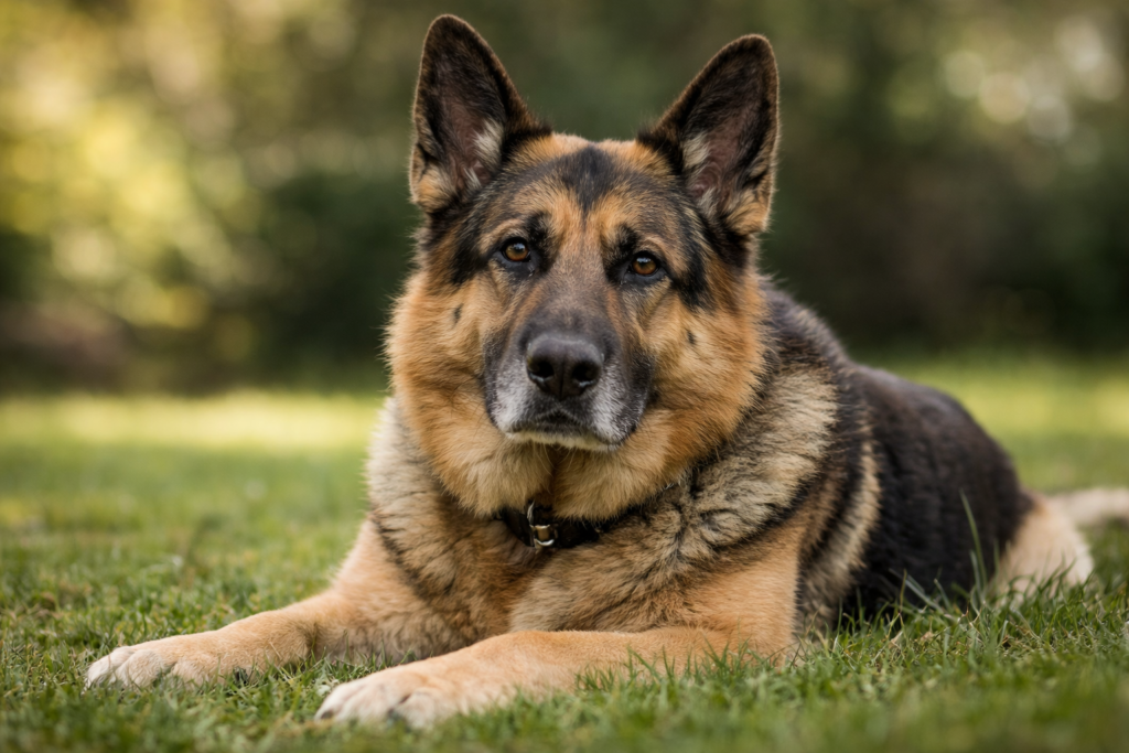 Senior German Shepherd resting outdoors representing aging health risks related to what do German Shepherds usually die from.