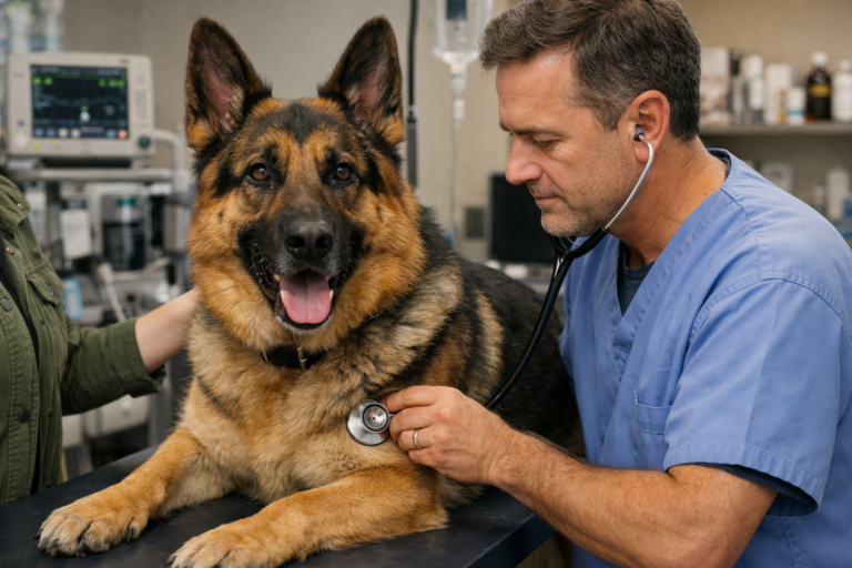 German Shepherd at veterinary clinic illustrating what do German Shepherds usually die from and common health risks in the breed.