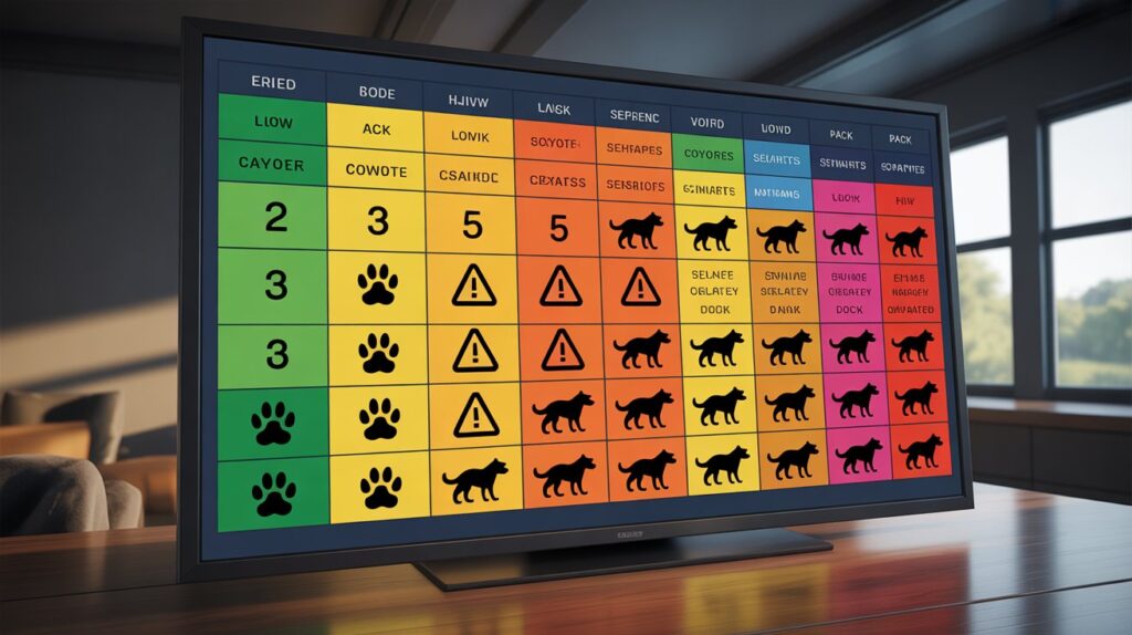 Infographic showing pack attack risk levels explains what happens if coyotes attack in a pack with danger zones and outcomes