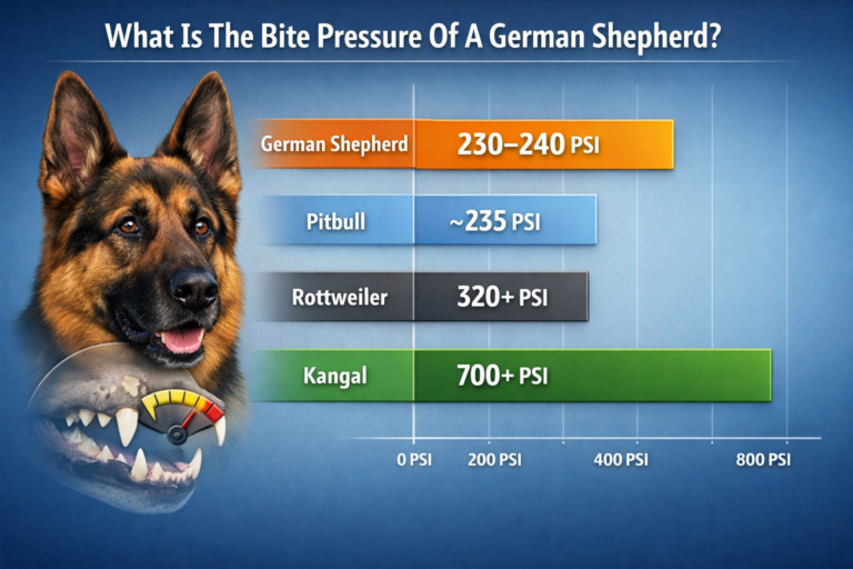 What Is The Bite Pressure Of A German Shepherd? visual chart comparing PSI with Pitbull, Rottweiler, and Kangal bite force scale