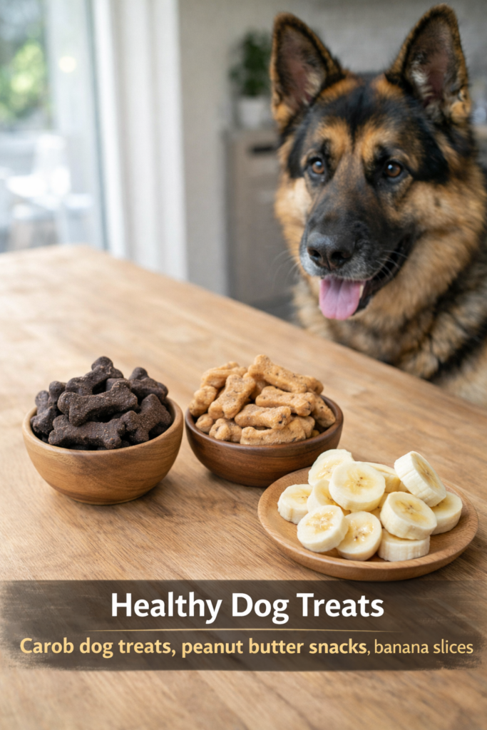 Safe sweet treats for German Shepherds including carob snacks peanut butter treats and banana slices as chocolate alternatives