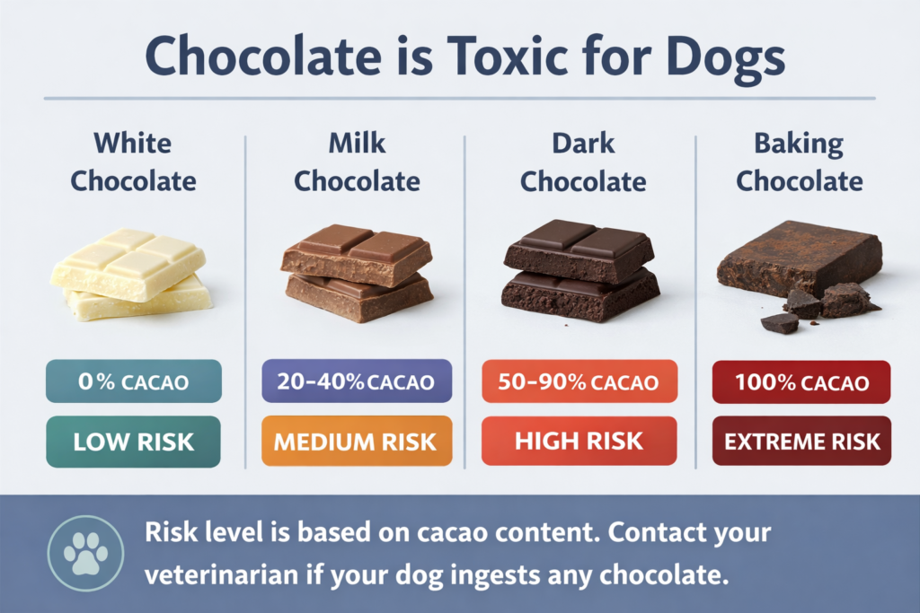 Infographic showing chocolate types from white to baking chocolate and their toxicity risk for dogs including German Shepherds