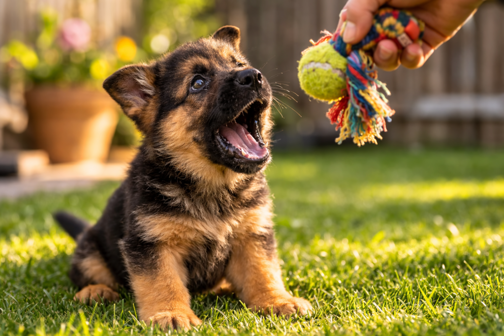 German Shepherd puppy barking playfully during training showing early communication behavior and why puppies bark a lot