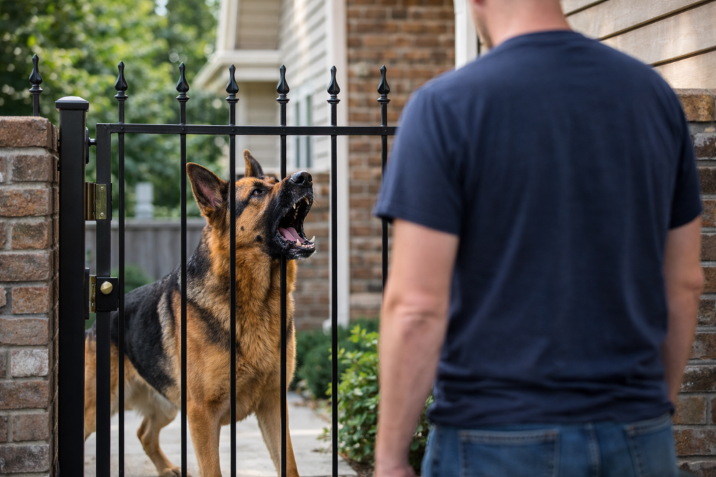 German Shepherd barking at a stranger near a home fence showing strong guard instinct and explaining why German Shepherds bark a lot