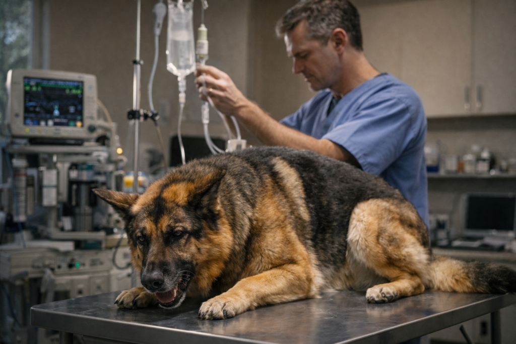 Veterinary emergency for dog bloat explaining a dangerous condition linked to what do German Shepherds usually die from.