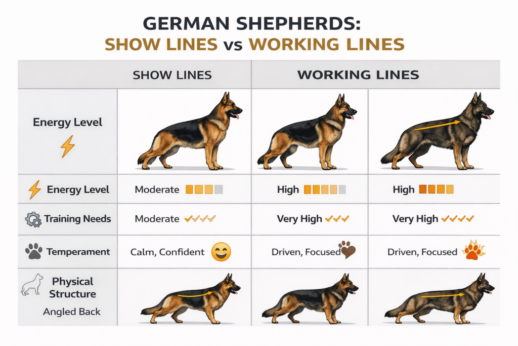 Infographic explaining different types of German Shepherd breeds comparing working line and show line traits and energy levels.