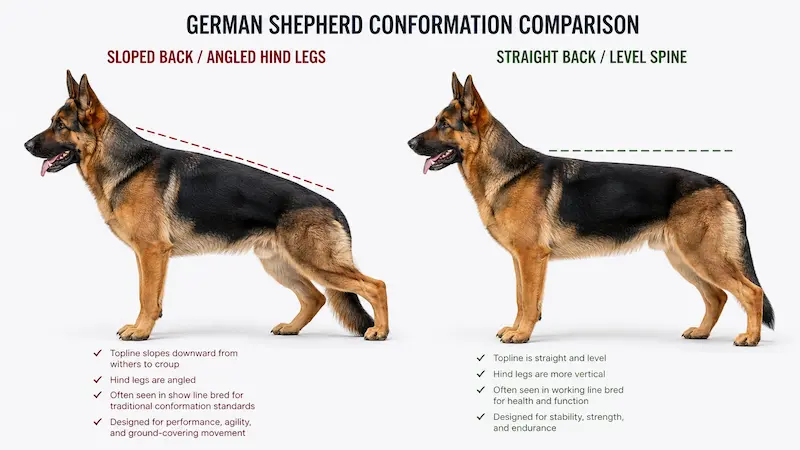 German Shepherd sloped back vs straight back comparison showing posture spine angle and hind legs difference clearly