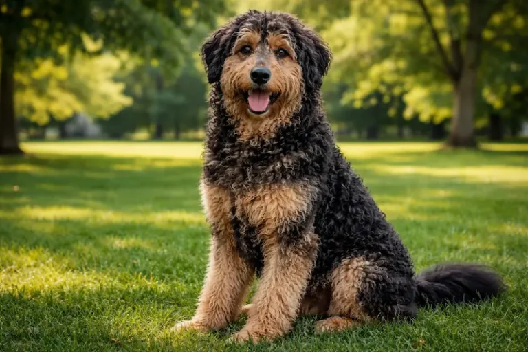 German Shepherd Poodle mix dog sitting in a park showing curly coat and loyal personality traits of a Shepadoodle breed