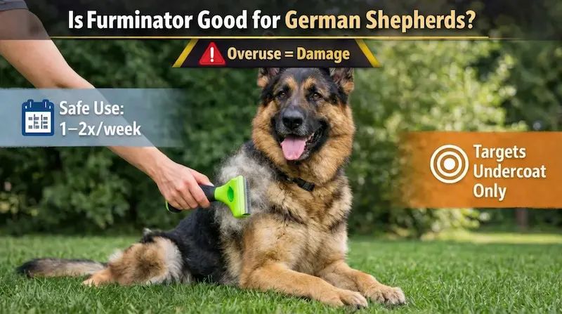 Is Furminator Good for German Shepherds? German Shepherd being brushed with Furminator showing undercoat removal and safe use