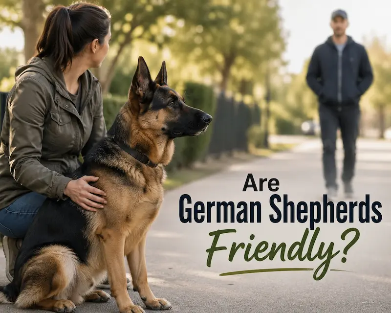 German Shepherd sitting calmly beside owner, watching a stranger in background, showing alert yet relaxed behaviour Are German Shepherds Friendly?