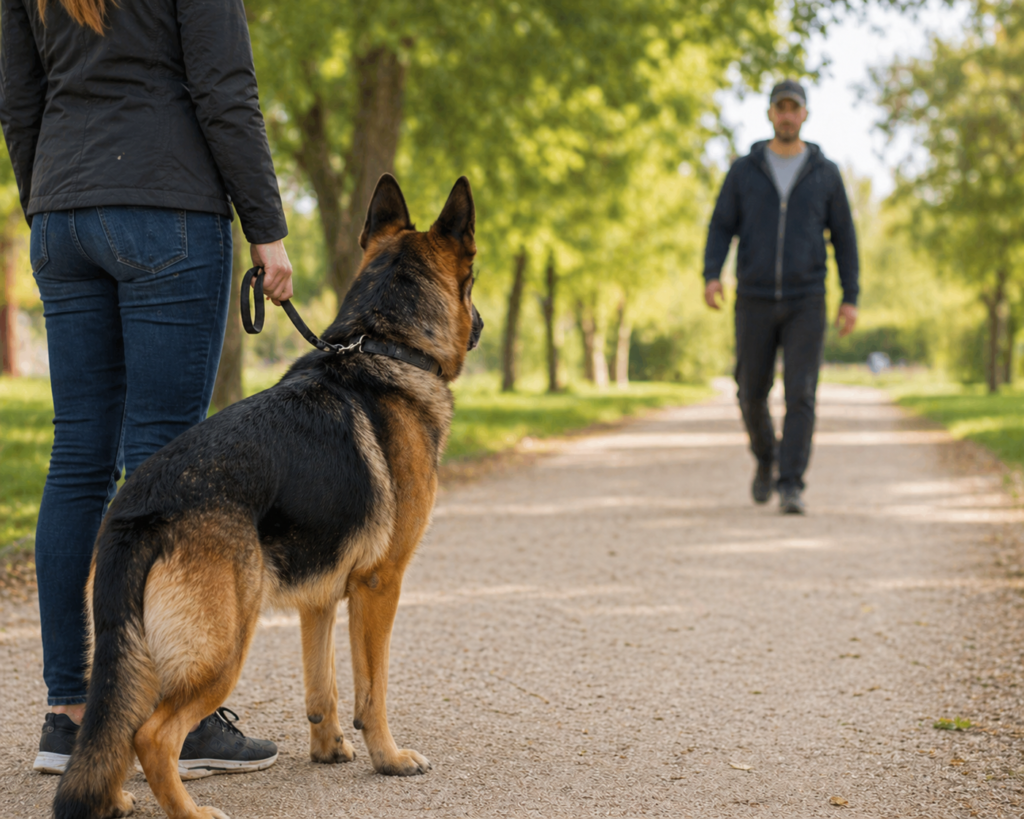 German Shepherd calmly observing a stranger approaching in a park, alert but relaxed posture showing behavior — Are German Shepherds Friendly?
